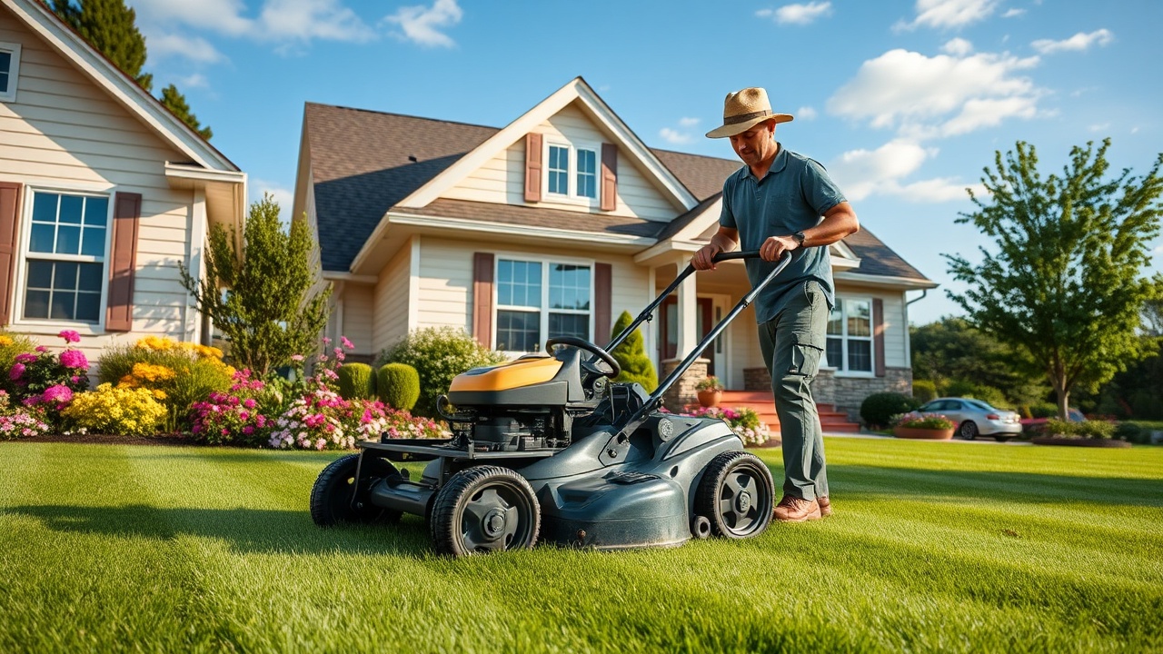 A lush, vibrant green lawn with manicured hedges and blooming flowers, professionally landscaped
