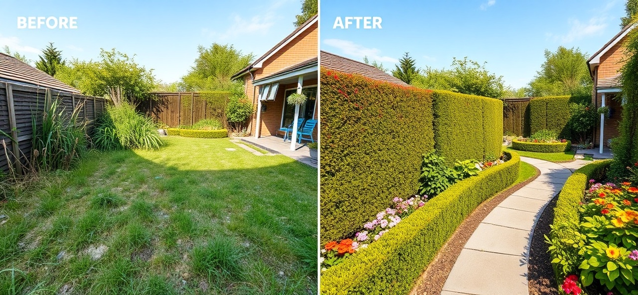 Before and after comparison of a backyard landscaping project showing transformation from overgrown to manicured
