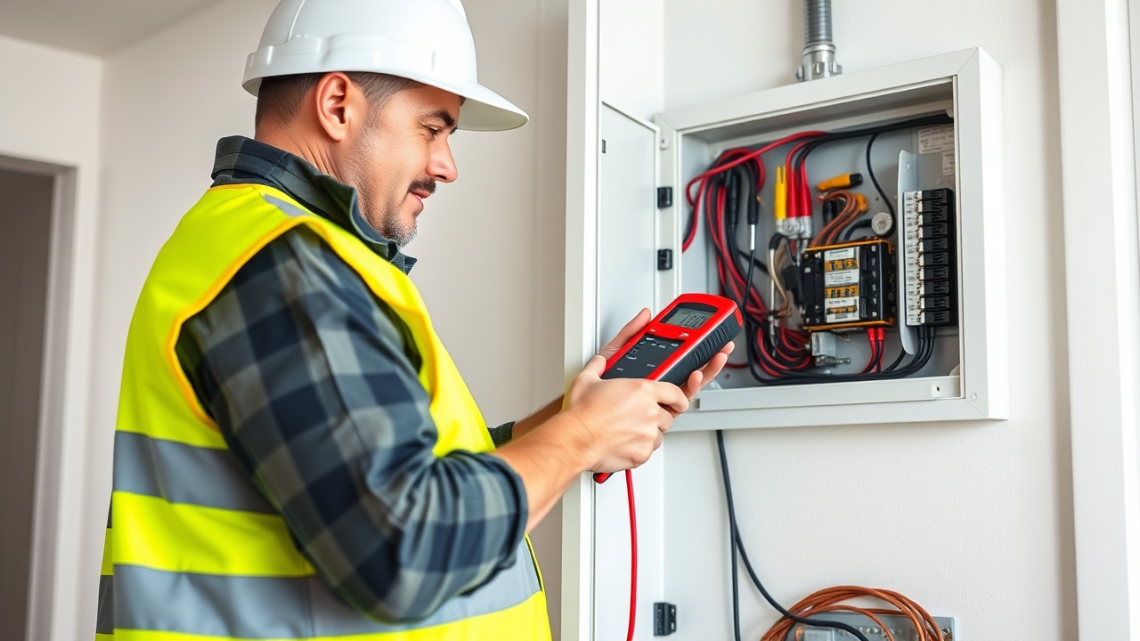 Licensed electrician working on a home electrical panel with safety gear