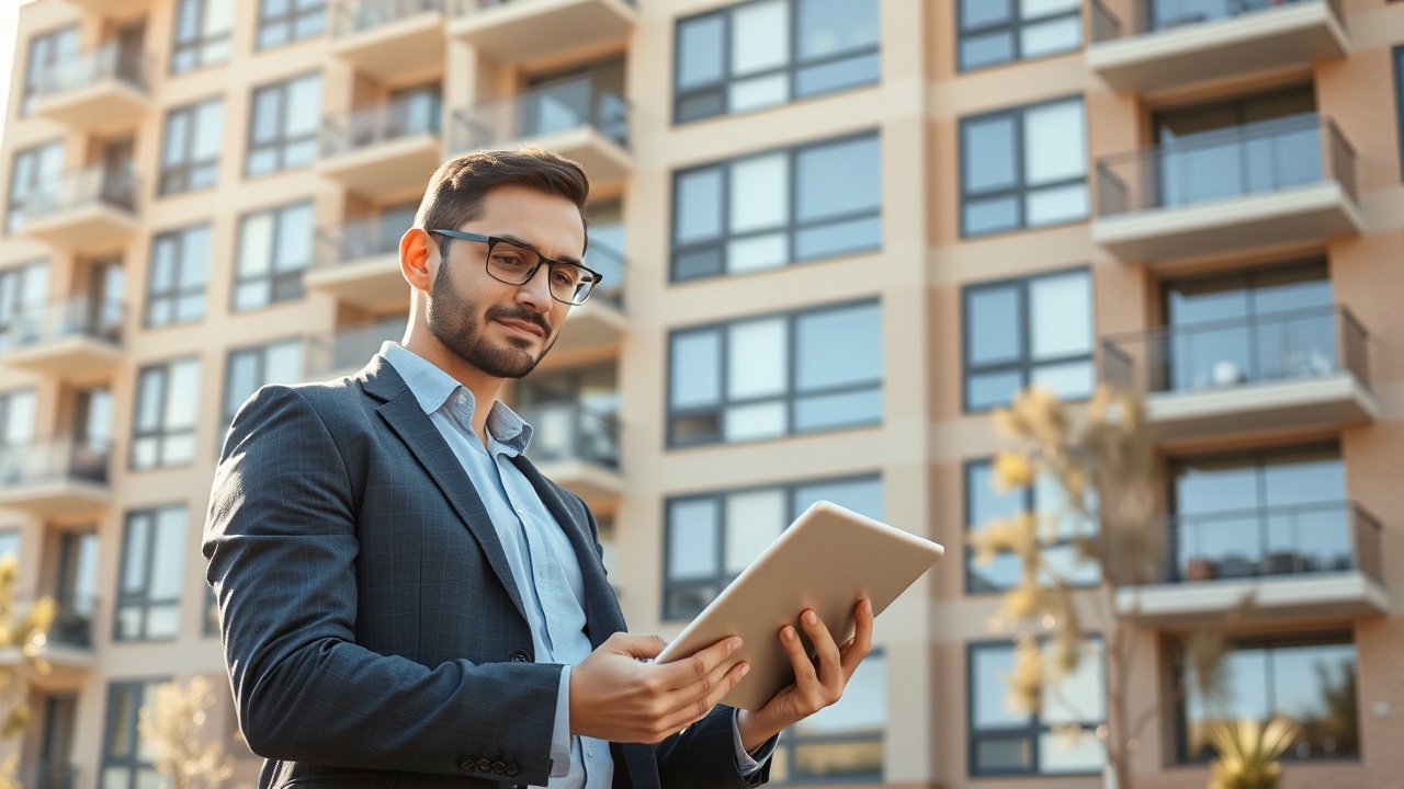 Professional property manager reviewing tablet on gradient background