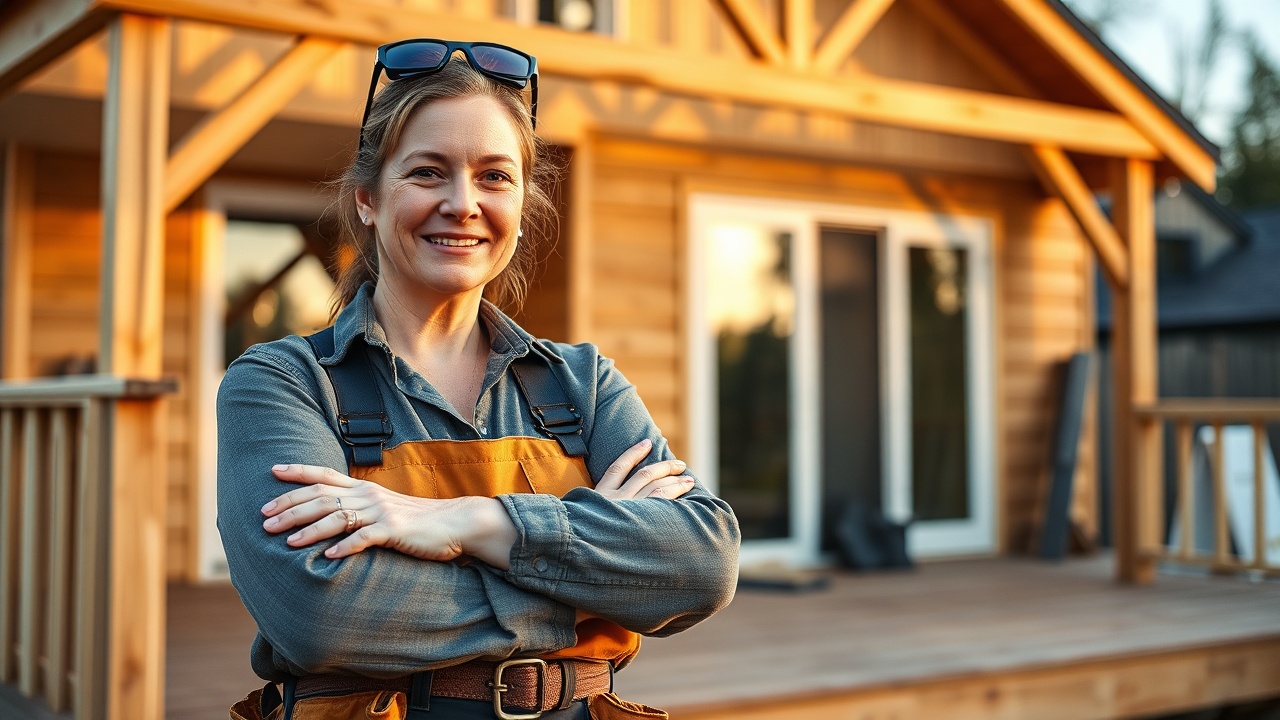 Confident tradesperson with tool belt standing on a modern home exterior, ready to work