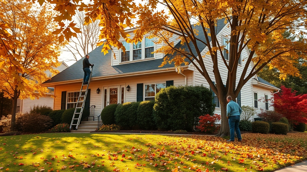 Golden autumn leaves framing a cozy suburban home