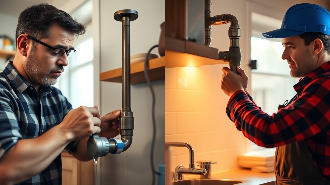Split view of a homeowner painting a wall on the left and a professional electrician working on a panel on the right