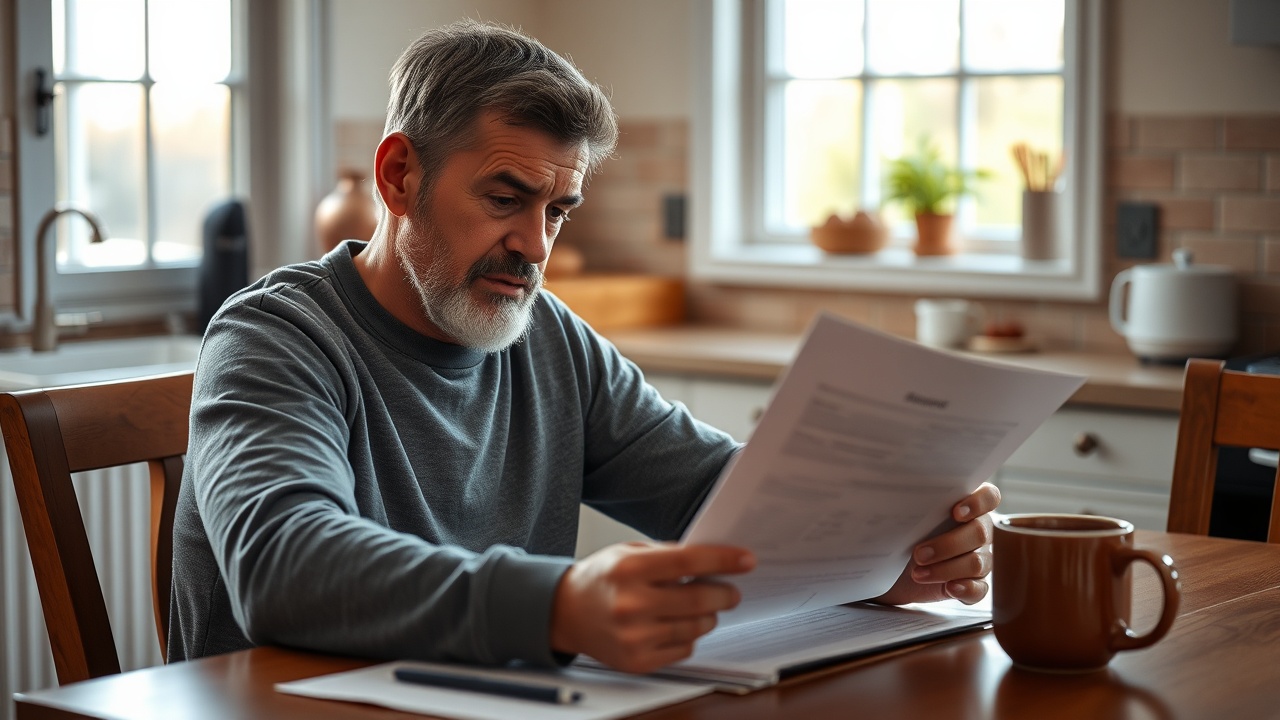 A homeowner reviewing a contract at a kitchen table, looking concerned