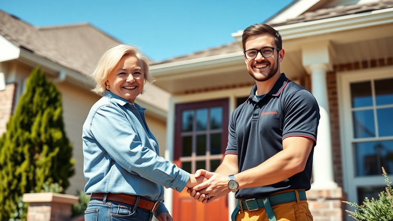 A smiling homeowner and a professional tradesperson shaking hands over a completed home repair project, symbolizing trust and reliability